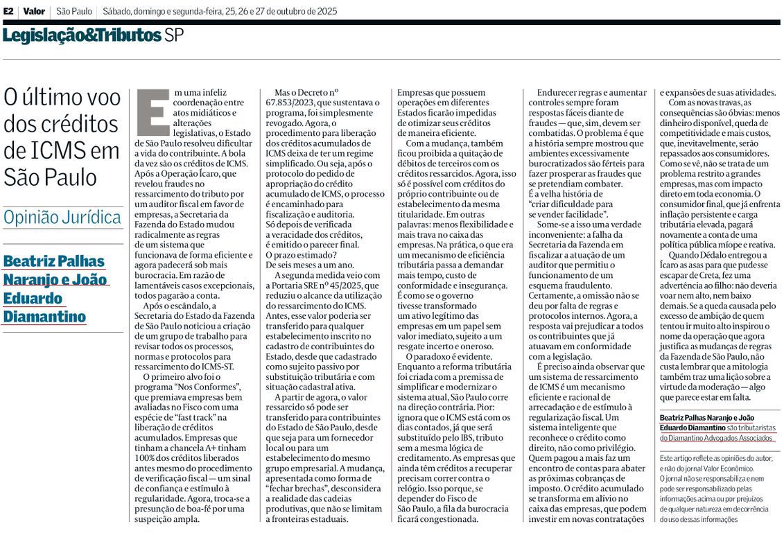 O último voo dos créditos de ICMS em São Paulo O último voo dos créditos de ICMS em São Paulo
